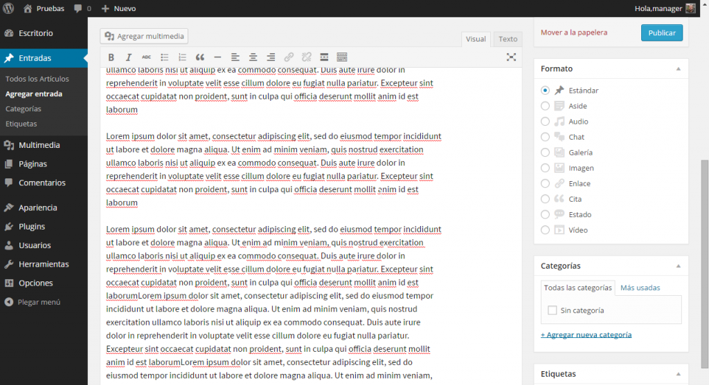 Agregar nuevo artículo ‹ Pruebas — WordPress 4.0