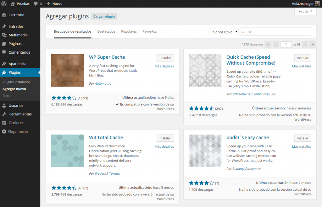 Agregar plugins ‹ Pruebas — WordPress 4.0
