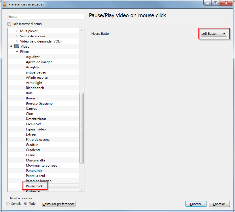 VLC. Reproducir pausar con un clic de raton 02