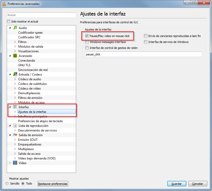 VLC. Reproducir pausar con un clic de raton 03